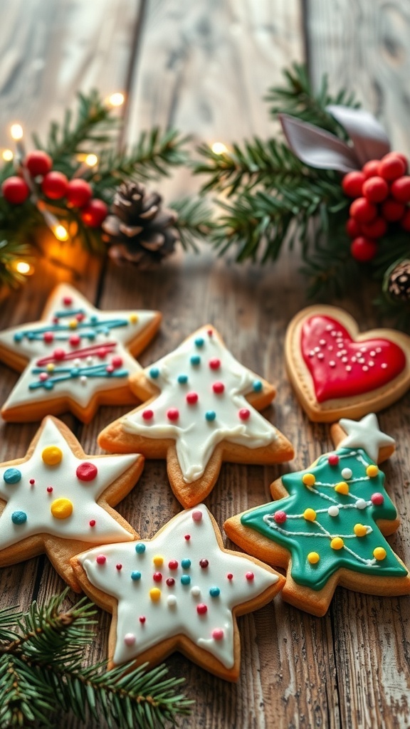 Decorated Christmas cookies inspired by Enhypen, shaped like stars and trees, on a wooden table with holiday decorations.